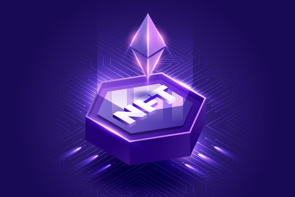 Purple Ethereum Represent NFT With Lights and Explain the Budgeting guide of How much does it cost to create an nft.