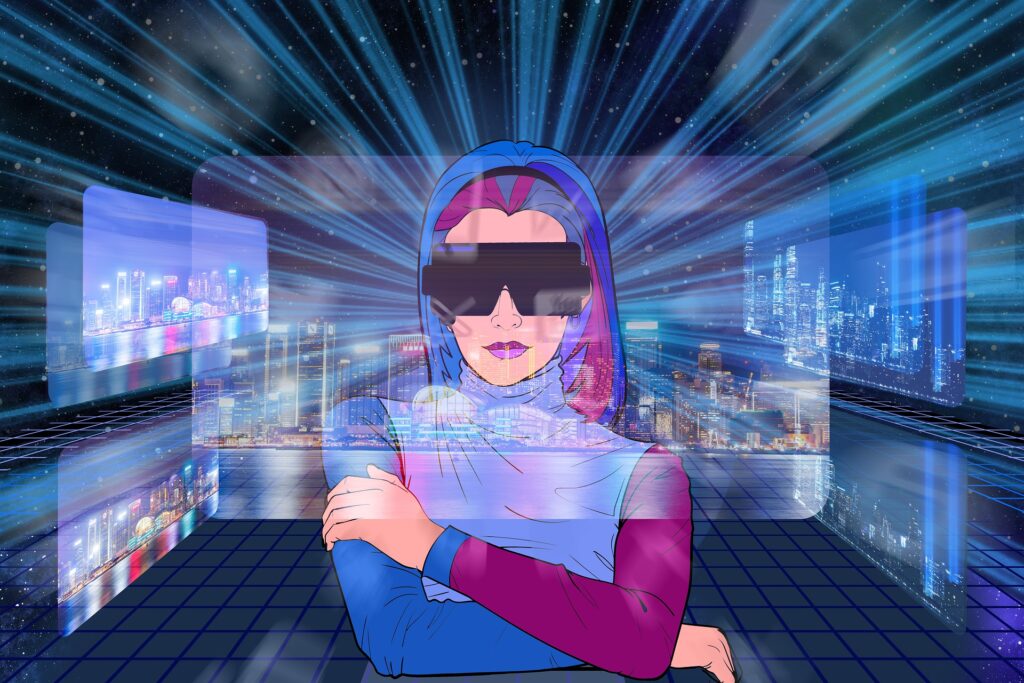 Animated Girl Wear the VR Headset Represents The Virtual Reality and Metaverse with Blue Background.