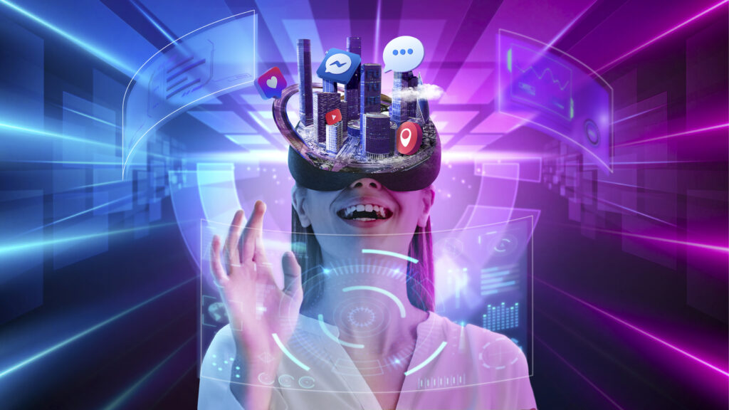 Reprent Image Top 5 Best Metaverse Platforms in 2023 - A Girl Wear the VR headset and see the metaverse world and shows the platforms YouTube, Messenger and Google Maps